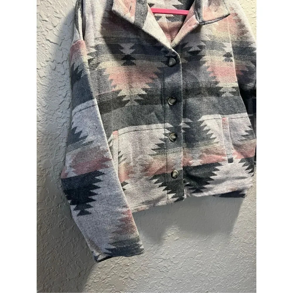 Blue B Collection Grey & Pink Aztec Button Up Shacket Woman’s Size Large - Picture 2 of 7